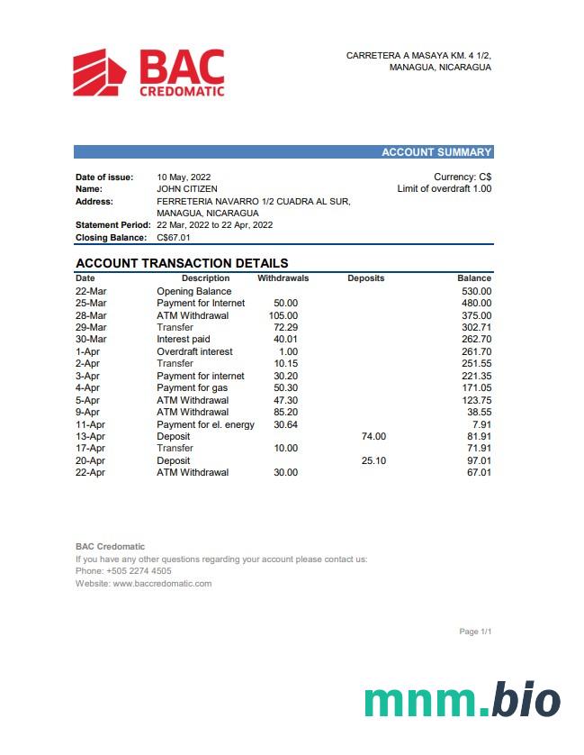 Wyciąg bankowy Nikaragua BAC Credomatic Excel i szablon PDF